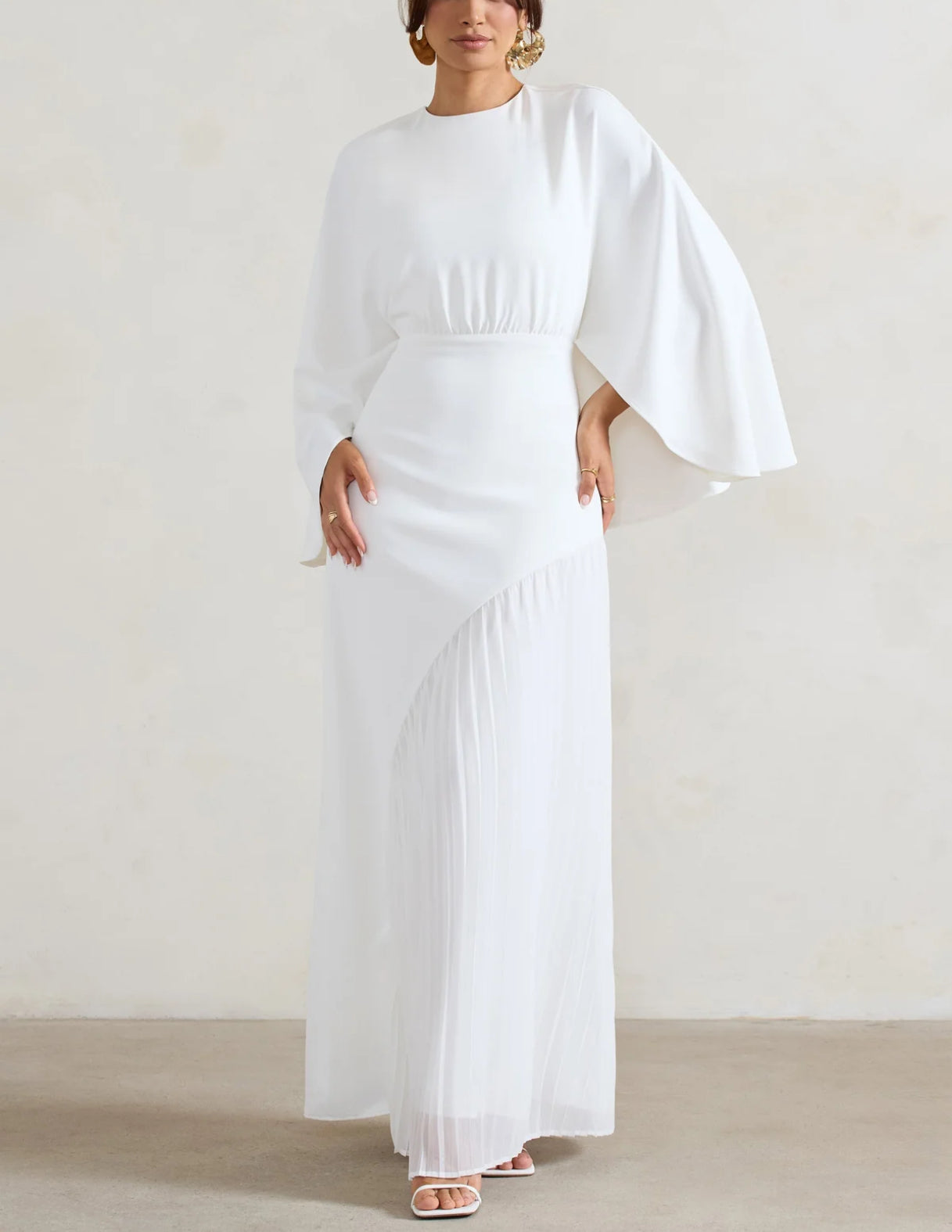 WHITE CAPE MAXI DRESS WITH ASYMMETRIC CHIFFON HEM