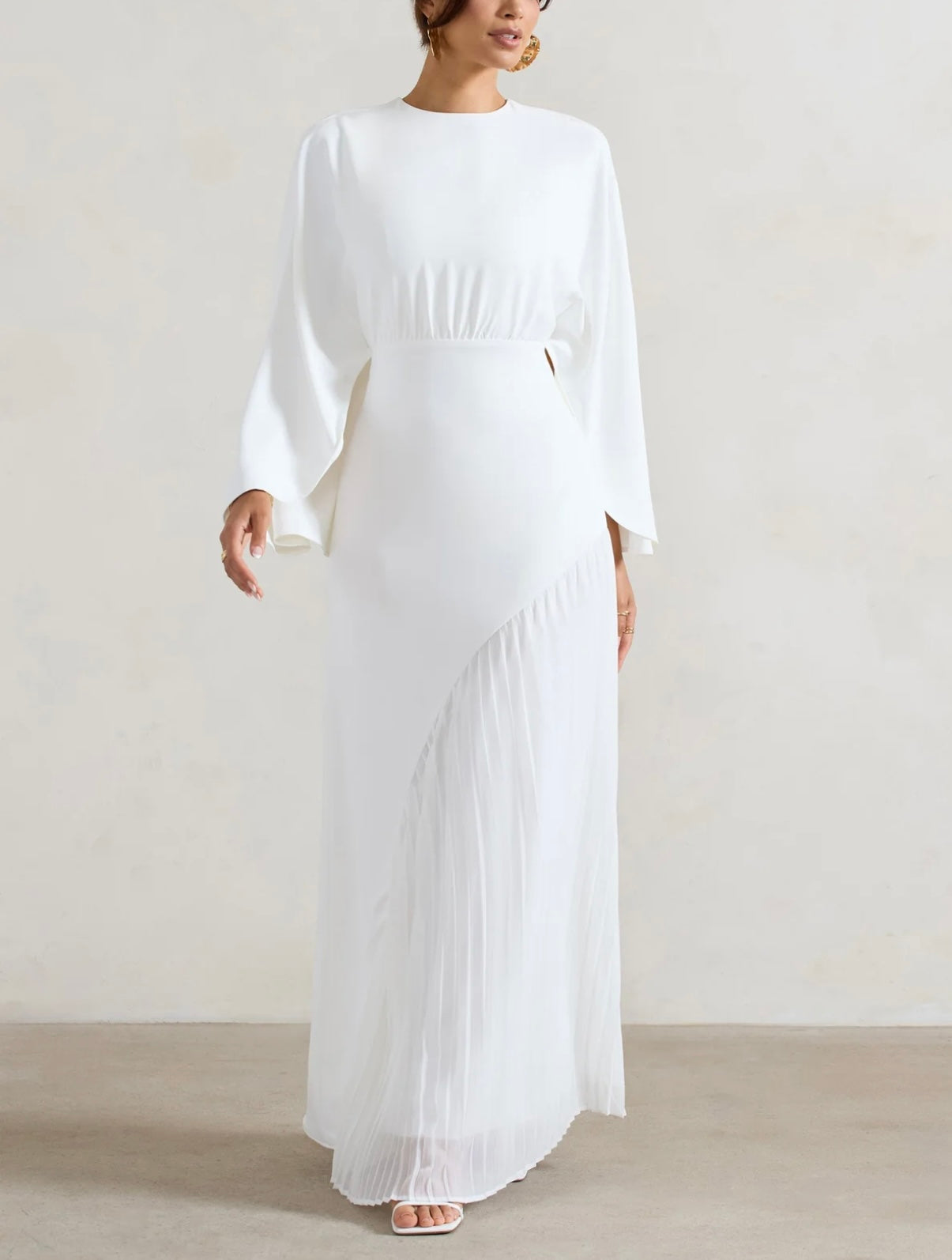 WHITE CAPE MAXI DRESS WITH ASYMMETRIC CHIFFON HEM