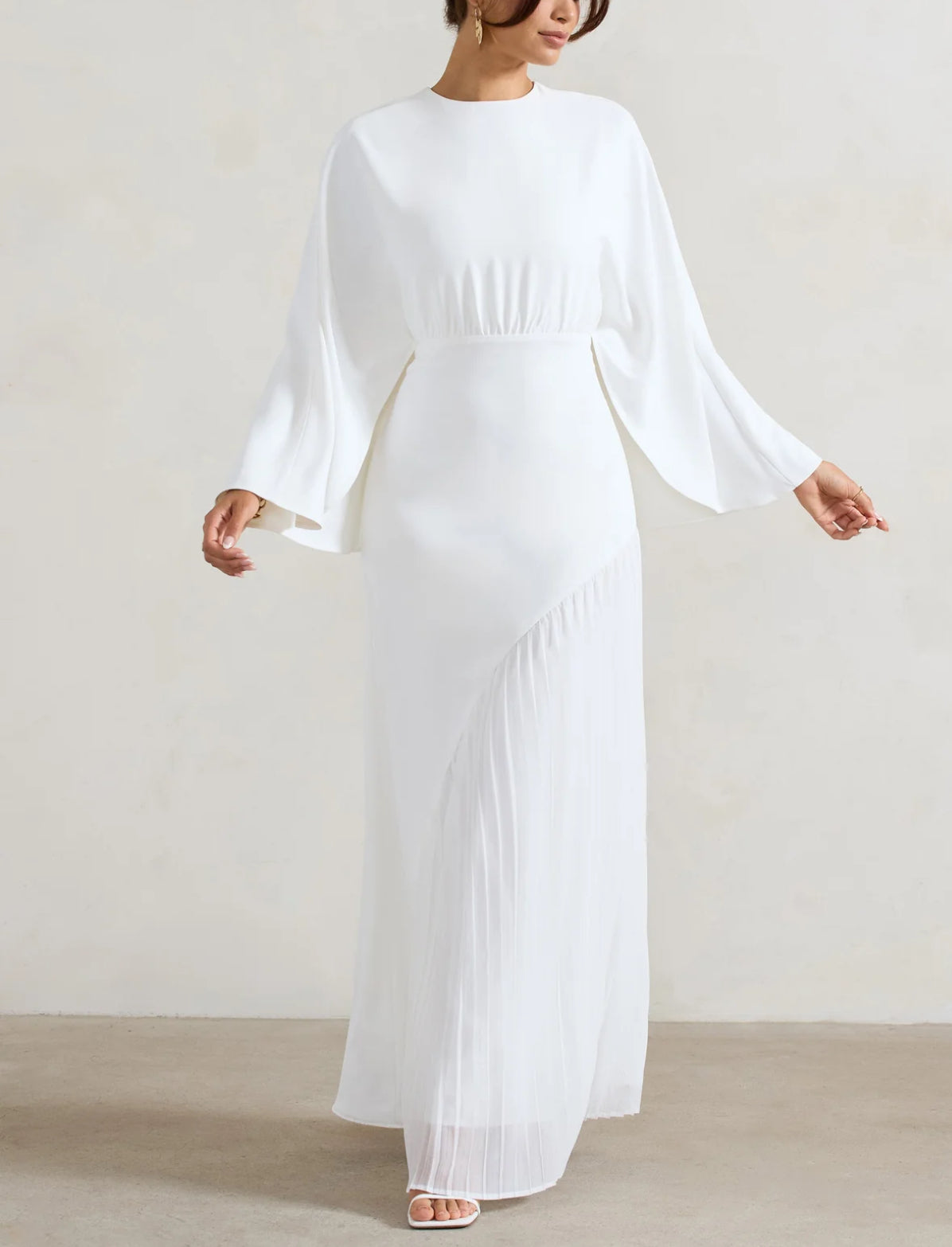 WHITE CAPE MAXI DRESS WITH ASYMMETRIC CHIFFON HEM