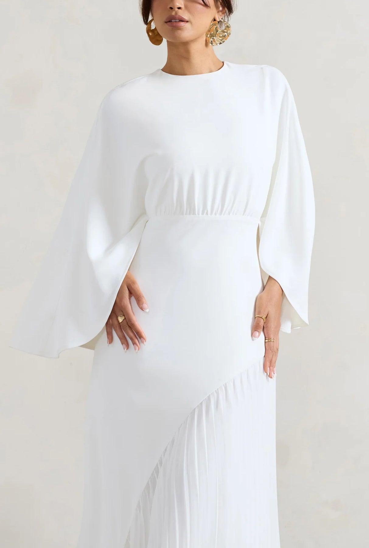 WHITE CAPE MAXI DRESS WITH ASYMMETRIC CHIFFON HEM
